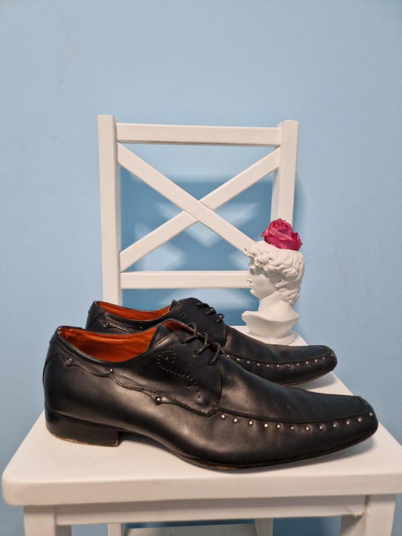 Men Black Leather Dress Shoes MAX Classic Derby Shoes with Studs Genuine Leather Shoes Size EU 40