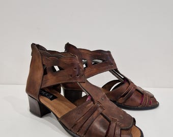 KOKKA Greek Leather Sandals 38 US 7.5 Boho Gladiator Sandals Brown Woven Leather Heeled Sandals Made in Greece Artisan Summer Shoes