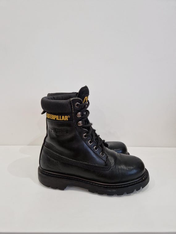 Vintage CAT Caterpillar Insulated Work Boots Black Leather Walking Machines Oil Resistant Combat Boots Size EU 36 UK 3