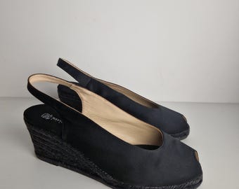 Sandalias de cuña tipo alpargata de satén negro estilo vintage de los años 2000 de Navyboot, talla EU 39 US 8, zapatos de plataforma con tira trasera, hechos en España, tacones de diseñador para verano.