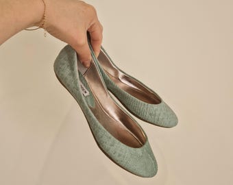 Vintage Steve Madden mintgroene ballerina's met slangenprint uit 2007, pastelkleurige ballerina's, maat EU 36, US 5-6