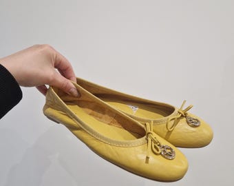 Bailarinas vintage SCAPA de piel amarilla para mujer, talla EU 37, de piel auténtica suave, con lazo, estilo minimalista, cómodas.
