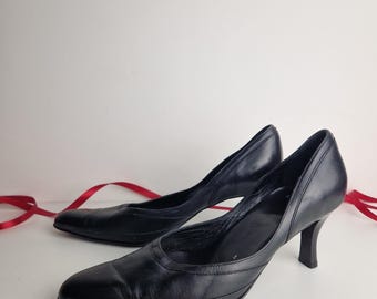 Vintage 90s LLOYD Black Leather Pumps EU 36 UK 4 French Minimalist Kitten Heel Shoes Quiet Luxury Office Heels