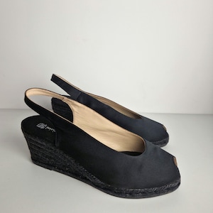 Navyboot Black Satin Espadrille Wedge Sandals EU 39 US 8 Vintage 2000s Slingback Platform Shoes Made in Spain Summer Designer Heels
