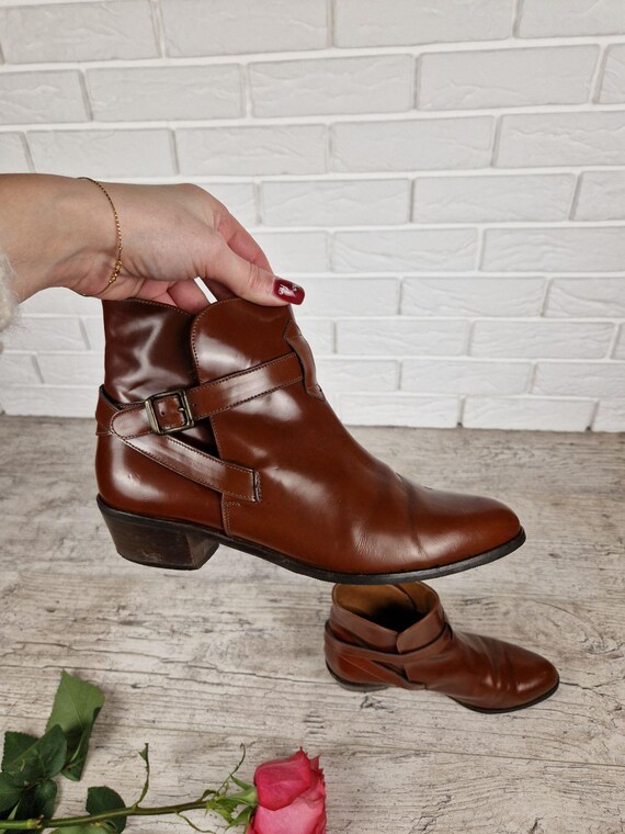 Vintage Italian Leather Ankle Boots Brown Roland Cartier Leather Boots 90s Minimalist Buckle Boots Made in Italy EU 38.5 US 8 View 3