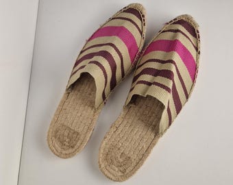 Vintage French Espadrilles Cousu Main EU 38 Striped Canvas Mule Espadrilles Made in France Jute Sole Summer Shoes Insole 24.5 cm