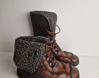 Vintage Rieker Leather Winter Boots EU 38 Brown Fur Lined Boots Y2K Hiking Style Retro Lace Up Boots European Winter Shoes