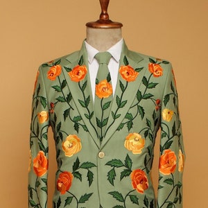 Custom Green Floral Embroidered Cotton Suit: Country Western Wedding Outfit