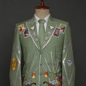 Embroidered Rhinestone Palm Green Suit: Western Wedding Prom Attire