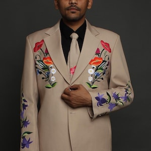 Custom Made Beige Floral Embroidered Suit: Country Western Groom Attire