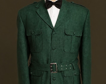 Giacca safari da uomo in lino verde foresta, blazer in stile militare con cintura, cappotto su misura