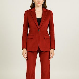 Red Velvet Pant Suit: Women&#39;s Flared High Waist Blazer Set