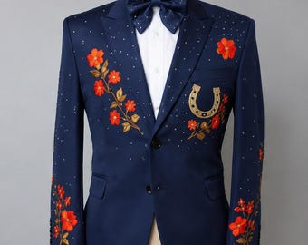 Chaqueta de esmoquin azul marino con bordado floral / Blazer de boda estilo western