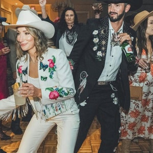 Custom White Cotton Cowgirl Suit: Embroidered Rhinestone Wedding Pantsuit