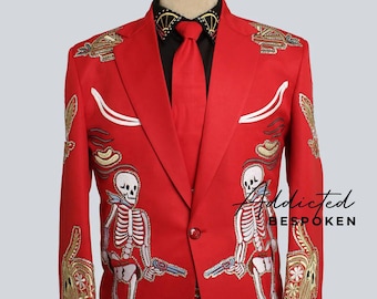Geborduurde skeletblazer voor heren, rode jas in Día de Muertos-stijl, gouden western-rolontwerp, designerkleding op maat