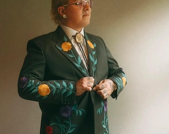 Custom Dark Green Floral Embroidered Western Suit, Men's Groom Tuxedo