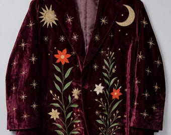 Blazer de terciopelo bordado a mano / Chaqueta con estampado floral celestial (hecha a medida)