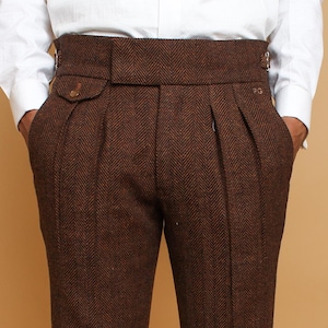 Herringbone Wool Gurkha Pants: Bespoke Double Pleated Trousers