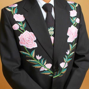 Men's Rose Floral Embroidered Black Cotton Wedding Suit Custom Made ...