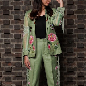Embroidered Cowgirl Outfit: Green Cotton Fringe Jacket & Pants Set