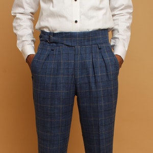 Pantaloni Gurkha in lana blu personalizzati da uomo: pantaloni a vita alta con doppia piega