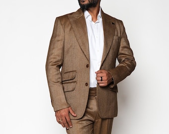 Traje de lana marrón espiga para hombre: Traje pantalón de dos piezas de estilo vintage