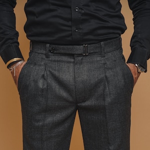 Charcoal Gray Check Wool Dress Pants - Custom Made Pleated Trousers