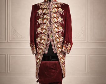 Men's Red Velvet Rococo Costume: Embroidered Georgian Wedding Attire