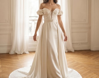 Luxury Satin Bridal Gown with Train – Off Shoulder A Line Wedding Dress
