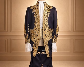 Regal Gold bestickter Anzug | Barocker schwarzer Zeremonienmantel für Männer