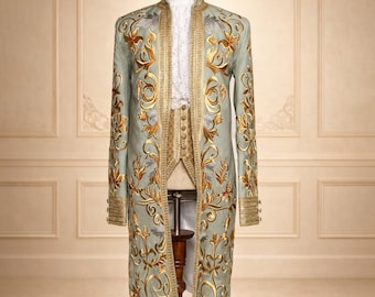 Custom Rococo 3Pc Suit: Silver Grey Cotton 18th Century Costume