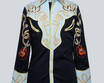 Men's Custom Navy Western Shirt: Embroidered Cotton, Snap Buttons