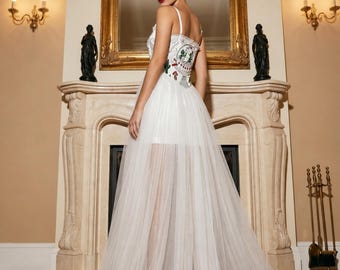 Embroidered Mini Wedding Dress with Tulle Overskirt – Unique Bridal Gown