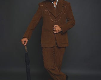 Vintage Style Brown Corduroy 3 Piece Suit: 20s-30s Wedding Attire