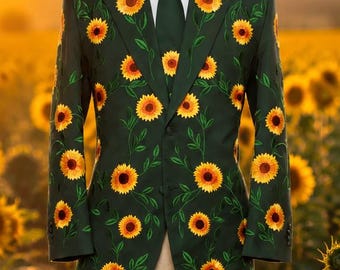 Men's Sunflower Embroidered Suit | Custom Forest Green Wedding Tuxedo | Botanical Blazer