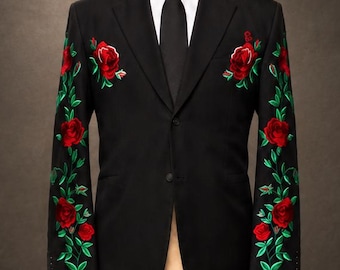 Abito da sposo nero ricamato a fiori, smoking con rose rosse (realizzato su misura)