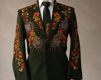 Dark Green Embroidered Wedding Suit, Custom Groom Tuxedo, Folk Art Floral Blazer, Mirror Work Suit and Matching Trousers