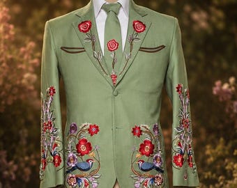 Green Wedding Suit Men | Botanical Embroidered Groom Suit | Floral Bird Tuxedo | Sage Green Custom Suit | Luxury Prom Blazer