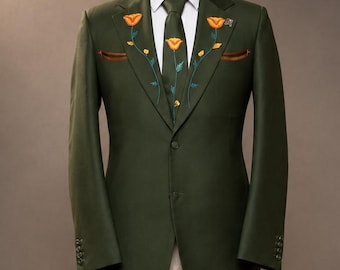 Hunter Green Floral Embroidered Wedding Suit, Custom Groom Western Tuxedo, Botanical Outfit