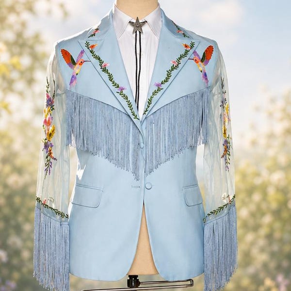 Custom Blue Western Wedding Suit, Embroidered Hummingbird Fringe Tuxedo, Men’s Floral Groom Suit