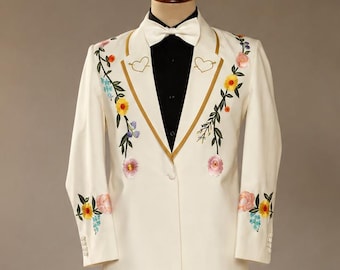 Ivory Floral Embroidered Wedding Suit, Custom Groom Tuxedo, Botanical Wedding Blazer & Pants, Bespoke Men’s Formal Suit