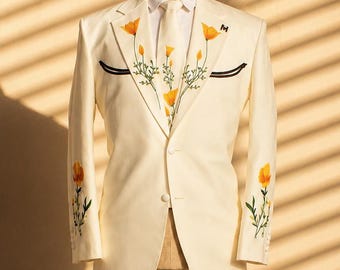 Men's White Wedding Suit, Embroidered Floral Suit, Groom Suit, Western Wedding Outfit, Custom Tailored Blazer Pants Set, Luxury Formal Wear