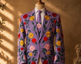 ラベンダーの花柄刺繍入り新郎用スーツ、オーダーメイドのウエスタンタキシード、コットン生地