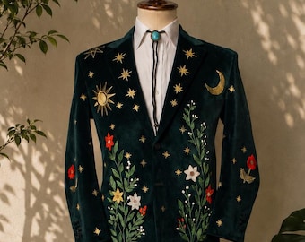 Teal Green Velvet Embroidered Blazer, Celestial Floral Design, Custom Fit Tuxedo