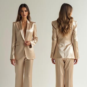 Champagne Two Piece Pantsuit Women Satin Peak Single Breasted Pant Blazer Set Wedding Bridesmaids Guest Formal Office Dinner Party Outfit