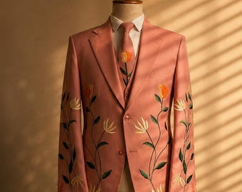 コーラルピンクの刺繍入りメンズ新郎スーツ、ワイルドフラワータキシード、オーダーメイドコットン（スリーピース）