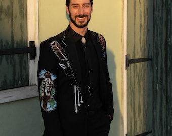 Abito da uomo western ricamato, abito da sposo cowboy nero, completo da sposo in stile sud-occidentale, blazer e pantaloni western di tendenza.