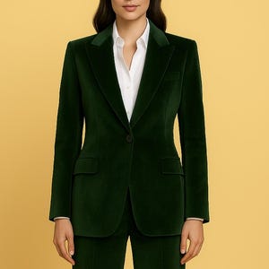 Emerald Green Velvet Pant Suit: Women&#39;s Flared High Waist Blazer Set
