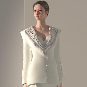 Bridal White Pantsuit: Rhinestone Fringed Blazer, Bustier Top, Embroidered Pant Wedding Set