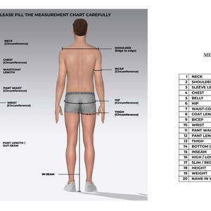 Puede incluir: Diagrama que ilustra las medidas corporales para ropa a medida. La imagen muestra una vista frontal y posterior de una persona con puntos de medici&oacute;n etiquetados, como cuello, pecho y largo de manga. Tambi&eacute;n se incluye una tabla de medidas en pulgadas.